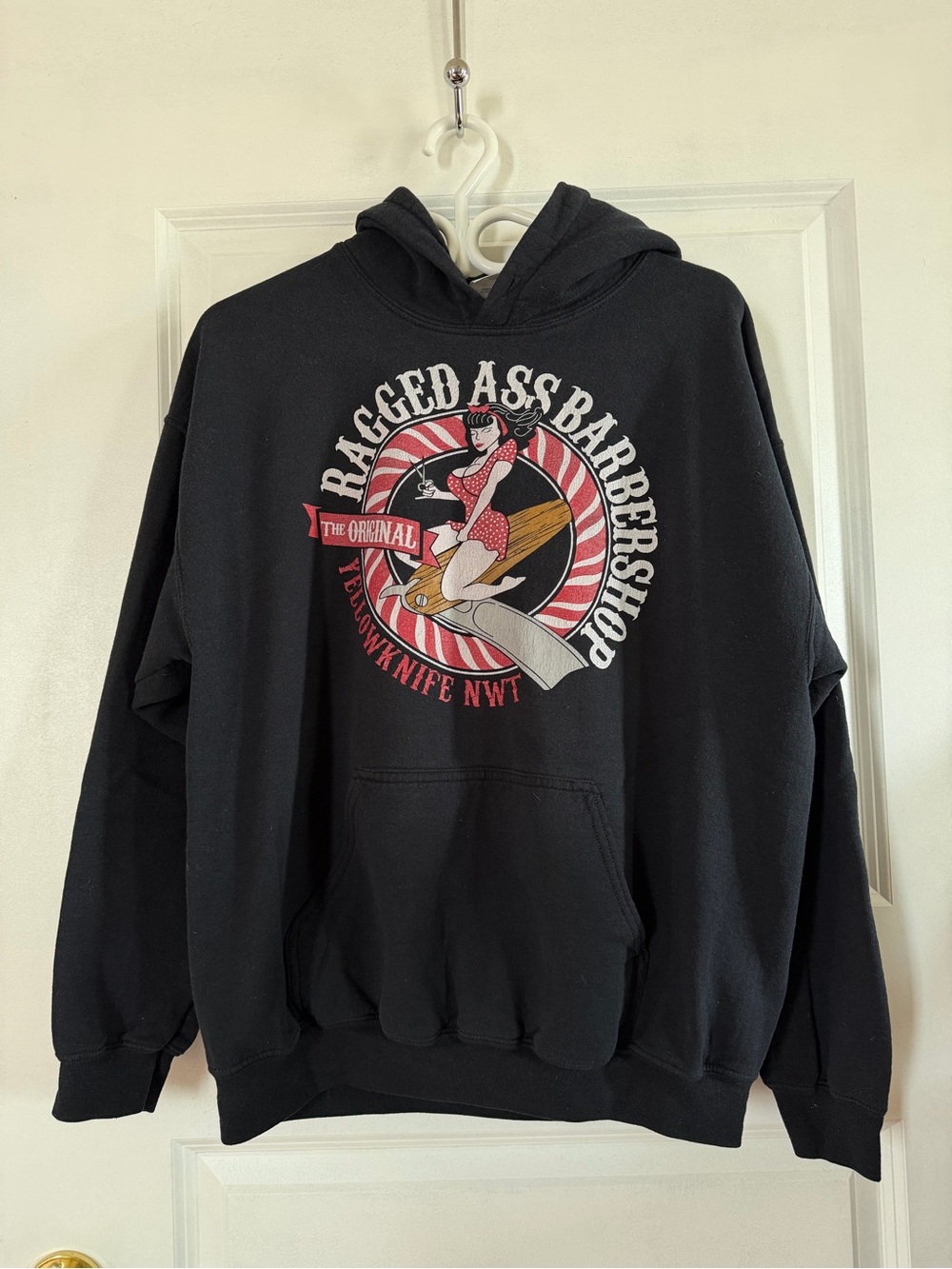 Ragged Ass Barbershop Yellowknife NWT Pinup Girl Graphic Hoodie Black Size L